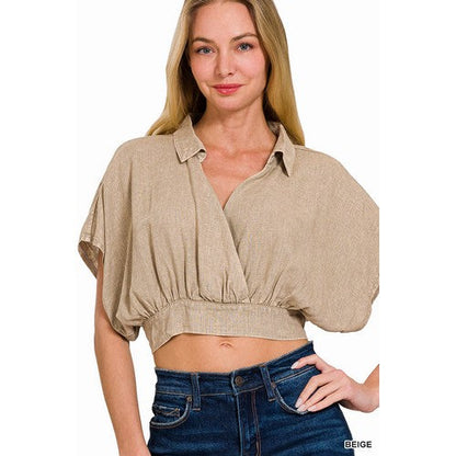 QTW-7158Y Washed Linen Wrap Crop Top in Beige