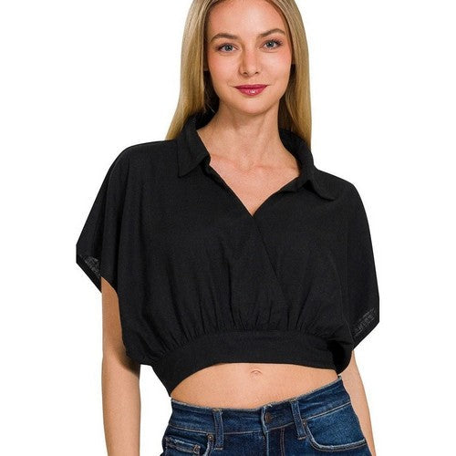 QT-7171Y Washed Linen Wrap Crop Top in Black