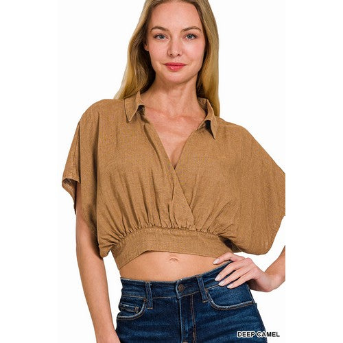 QTW-7158Y Washed Linen Wrap Crop Top in Deep Camel