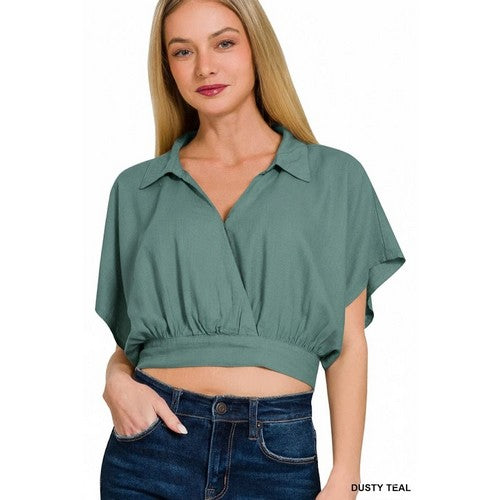 QT-7171Y Washed Linen Wrap Crop Top in Dusty Teal