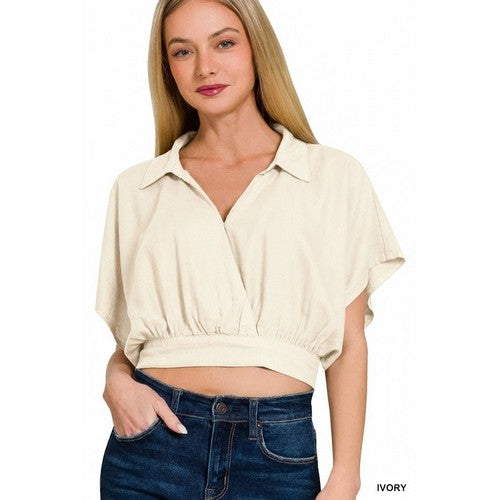 QT-7171Y Washed Linen Wrap Crop Top in Ivory