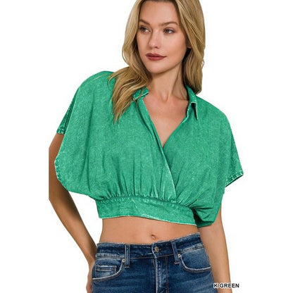 Washed Linen Wrap Crop Top in Kelly Green
