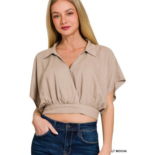 QT-7171Y Washed Linen Wrap Crop Top in Light Mocha