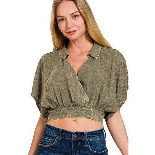 Washed Linen Wrap Crop Top in Light Olive