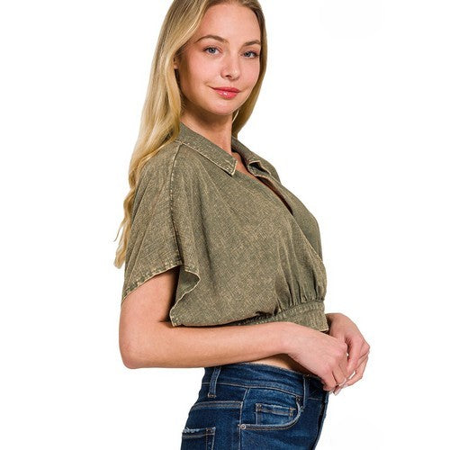 Washed Linen Wrap Crop Top in Light Olive
