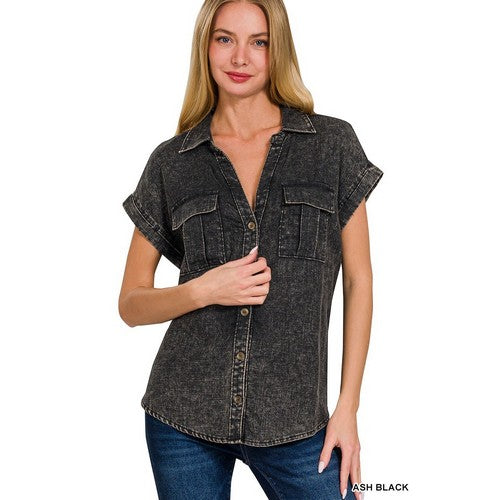 Washed Linen Batwing Shirt in Ash Black