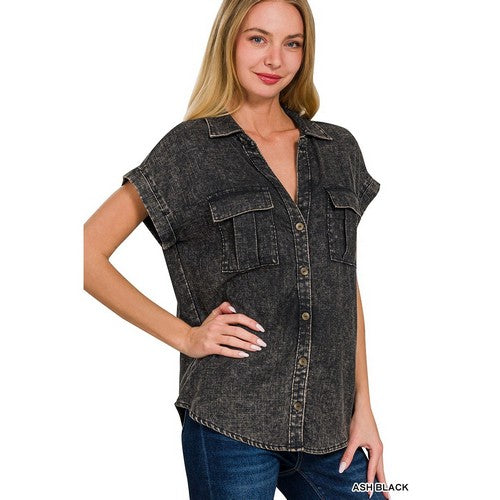 Washed Linen Batwing Shirt in Ash Black