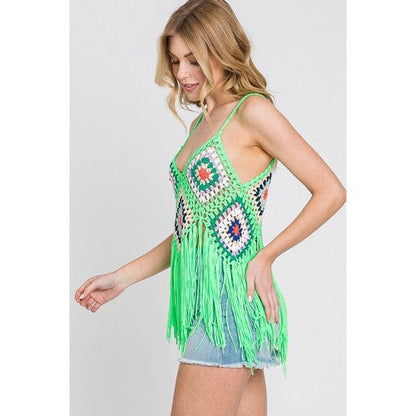 Crochet Fringe Hem Vest Top in Lime