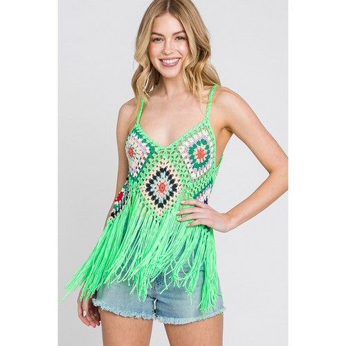 SNS1543 Crochet Fringe Hem Vest Top in Lime