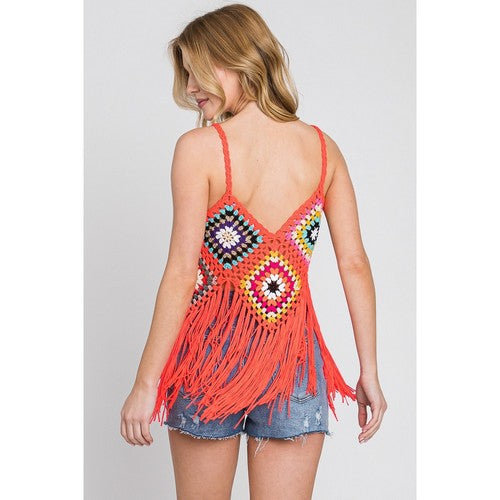 Crochet Fringe Hem Vest Top in Orange