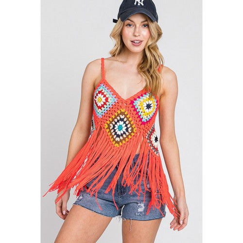 Crochet Fringe Hem Vest Top in Orange