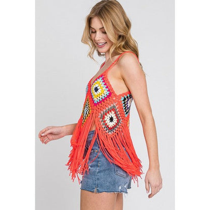 Crochet Fringe Hem Vest Top in Orange