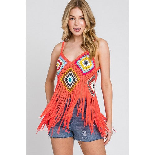 SNS1543 Crochet Fringe Hem Vest Top in Orange