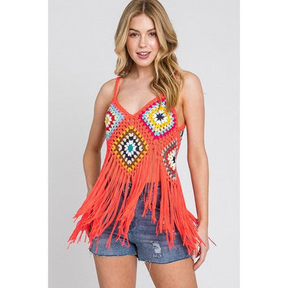 SNS1543 Crochet Fringe Hem Vest Top in Orange