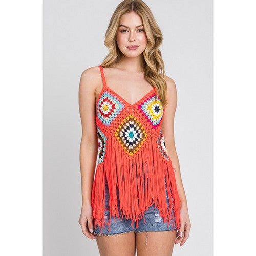 Crochet Fringe Hem Vest Top in Orange