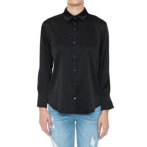 74775 Satin Long Sleeve Shirt in Black
