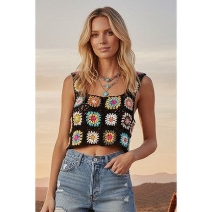 SNS1544 Handmade Crochet Square Neck Tank in Black