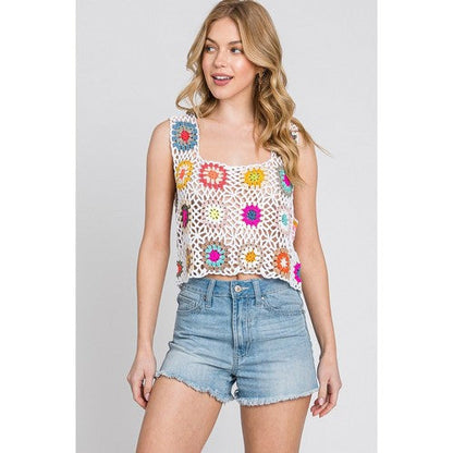 SNS1544 Handmade Crochet Square Neck Tank in White