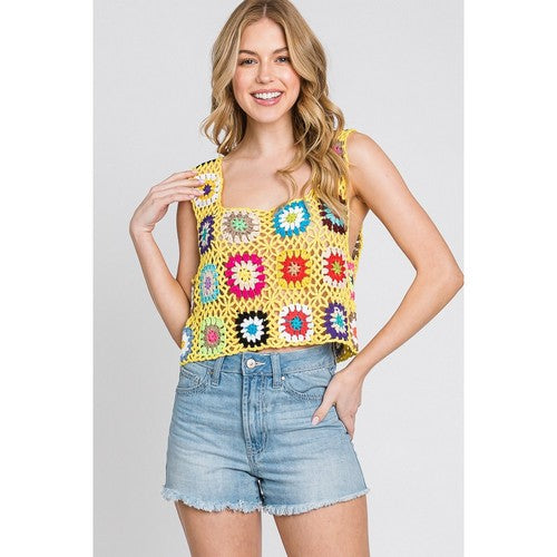 SNS1544 Handmade Crochet Square Neck Tank in Yellow