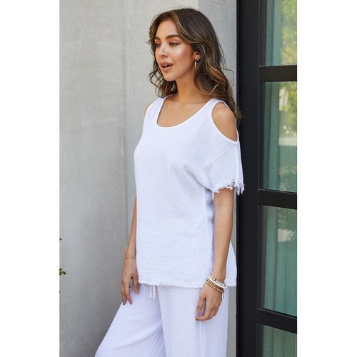 Fray Hem Linen Gauze Cold Shoulder Top in White