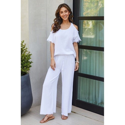 Fray Hem Linen Gauze Cold Shoulder Top in White