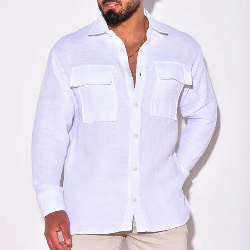 T103840C134 Patch Pocket Linen-Look Shirt in White