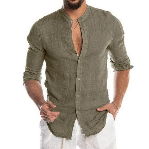 T10385303D Collarless Lightweight Shirt in Olive