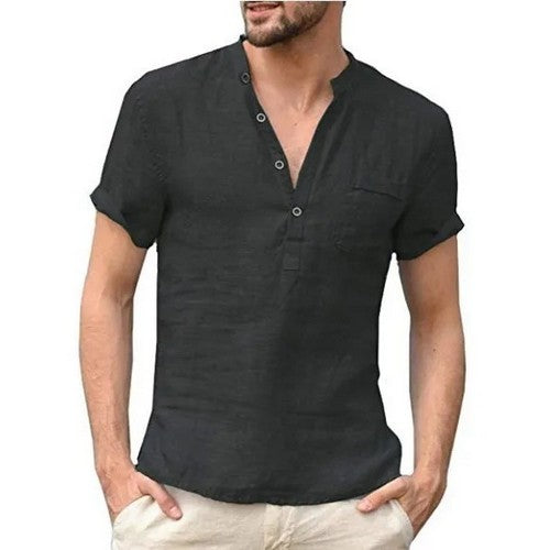 T103ABE699 Lightweight Linen-Look Henley Tee in Black