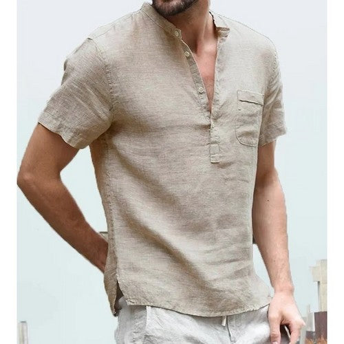 T103ABE699 Lightweight Linen-Look Henley Tee in Khaki
