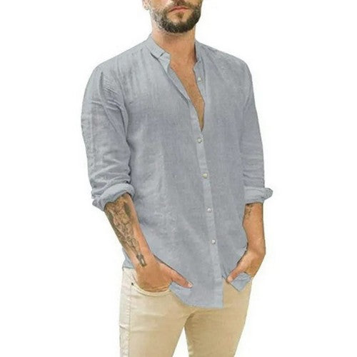 T103ABE9D2 Collarless Lightweight Shirt in Grey