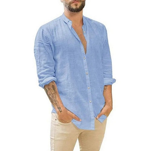T103ABE9D2 Collarless Lightweight Shirt in Light Blue