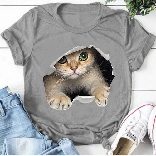 Kitty Cat Graphic Tee in Grey