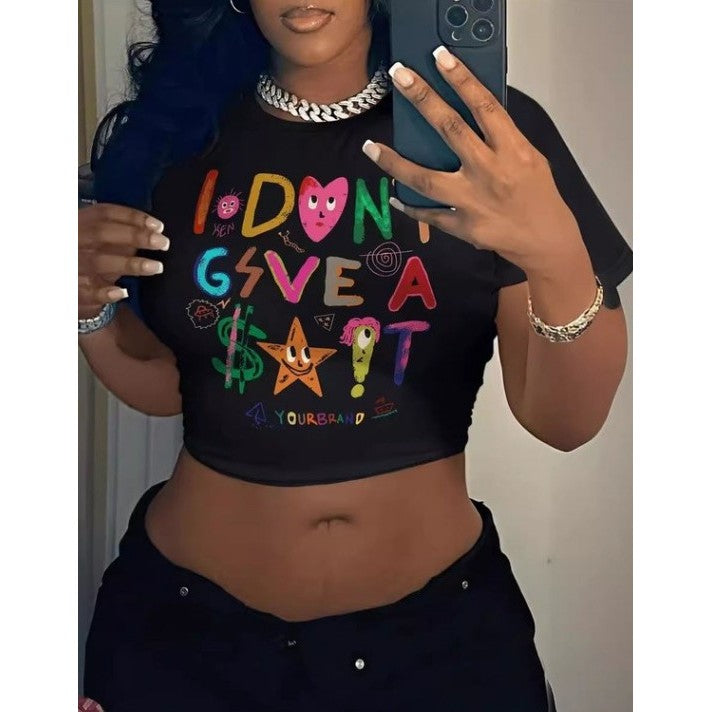 I Don't Give Crop Graphic Tee In Black