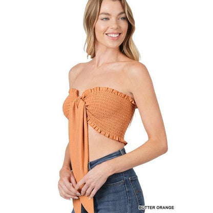 Smock Tie Front Tube Top in Butter Orange