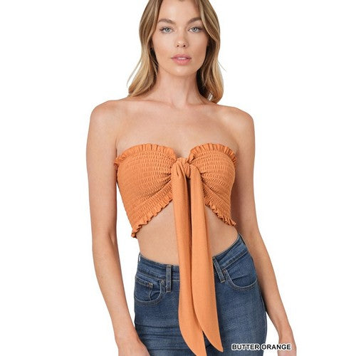 TT-5180A Smock Tie Front Tube Top in Butter Orange