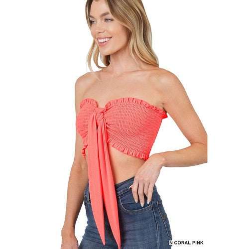 TT-5180A Smock Tie Front Tube Top in N Coral Pink