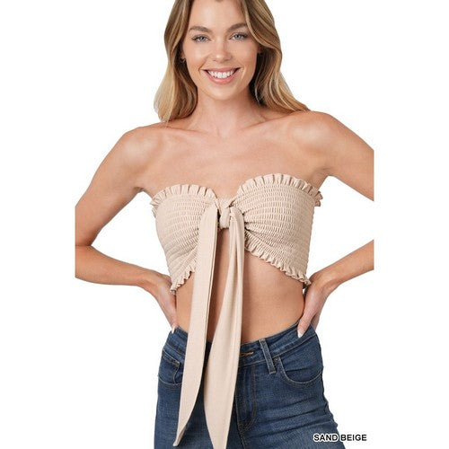 TT-5180A Smock Tie Front Tube Top in Sand Beige