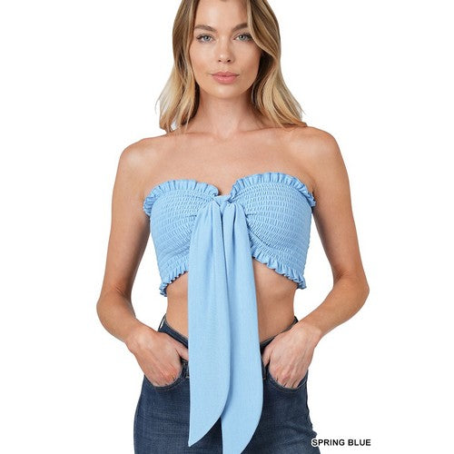 TT-5180A Smock Tie Front Tube Top in Spring Blue