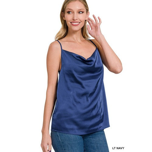 QT-1125D4 Satin Cowl Neck Cami Vest in Light Navy