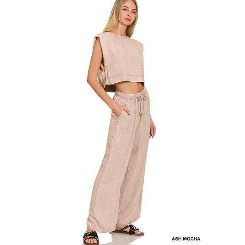 Washed Linen Crop Muscle Top in Ash Mocha