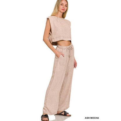 Washed Linen Crop Muscle Top in Ash Mocha