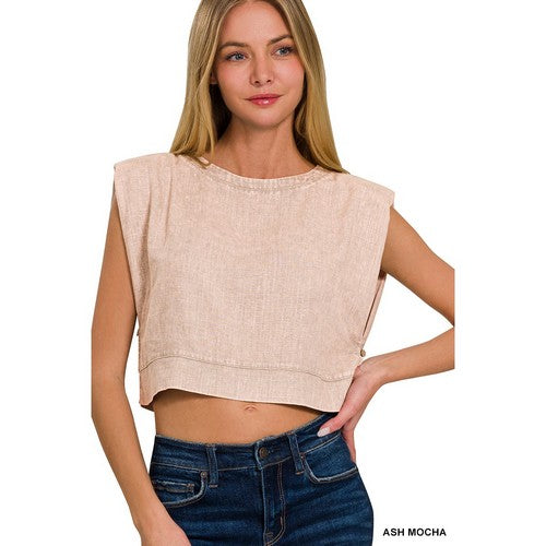 QTW-7188TT Washed Linen Crop Muscle Top in Ash Mocha