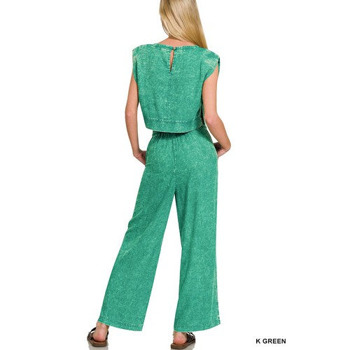 Washed Linen Crop Muscle Top in Kelly Green