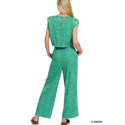 Washed Linen Crop Muscle Top in Kelly Green