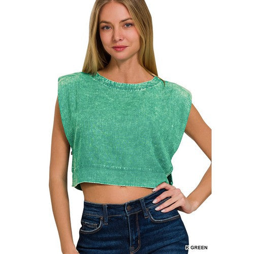 QTW-7188TT Washed Linen Crop Muscle Top in Kelly Green
