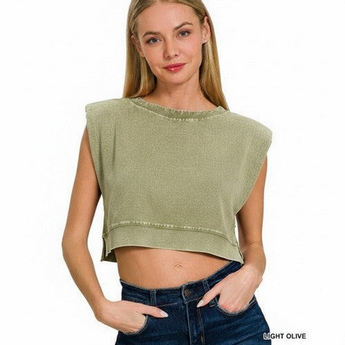 QTW-7188TT Washed Linen Crop Muscle Top in Light Olive