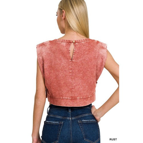 Washed Linen Crop Muscle Top in Rust