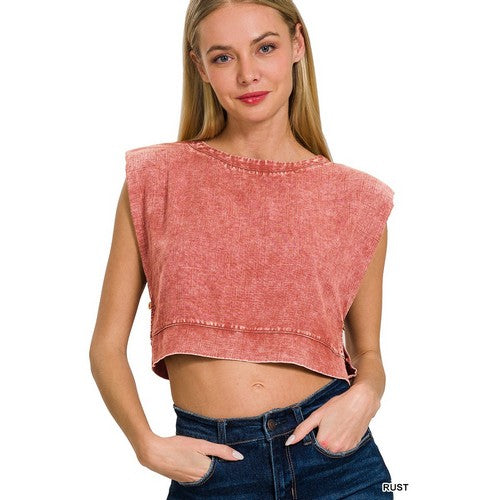 QTW-7188TT Washed Linen Crop Muscle Top in Ash Mocha