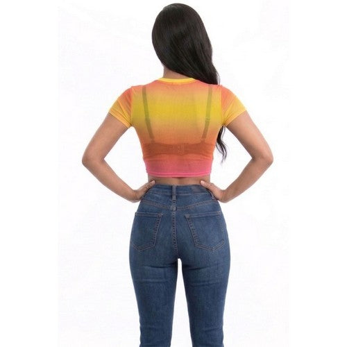 Mesh Crop Tee in Fuchsia & Yellow Tie Dye