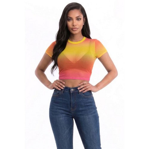 Mesh Crop Tee in Fuchsia & Yellow Tie Dye